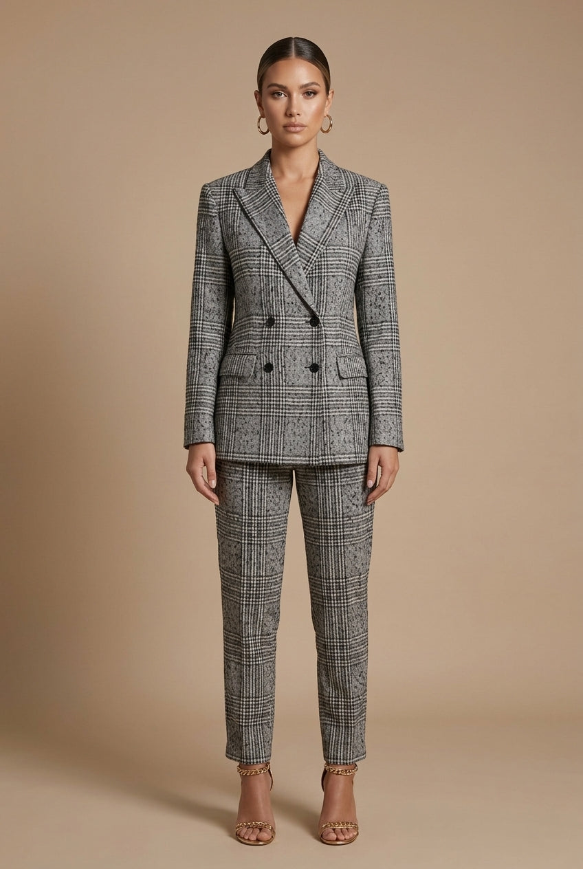 Ensemble tailleur à carreaux femme Sophia blazer croisé pantalon droit élégant