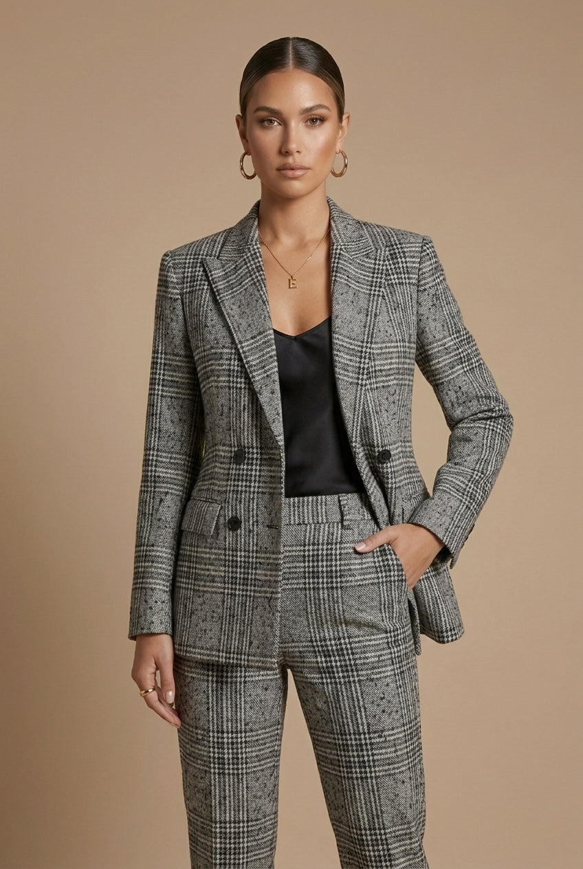 Ensemble tailleur à carreaux femme Sophia blazer croisé pantalon droit élégant
