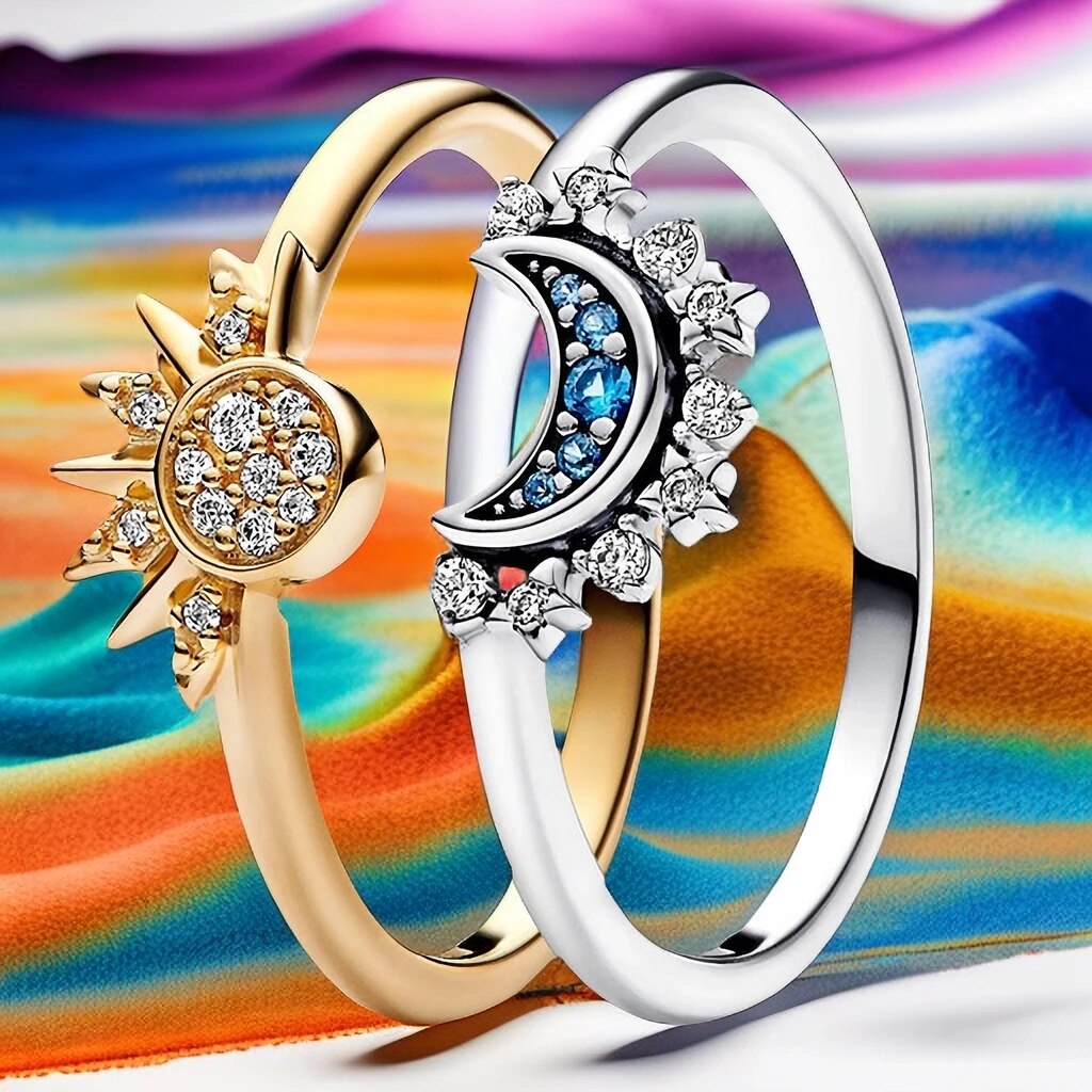 Bague Duo Soleil Lune en Cristal - Élégance Cosmique et Artisanat Exquis