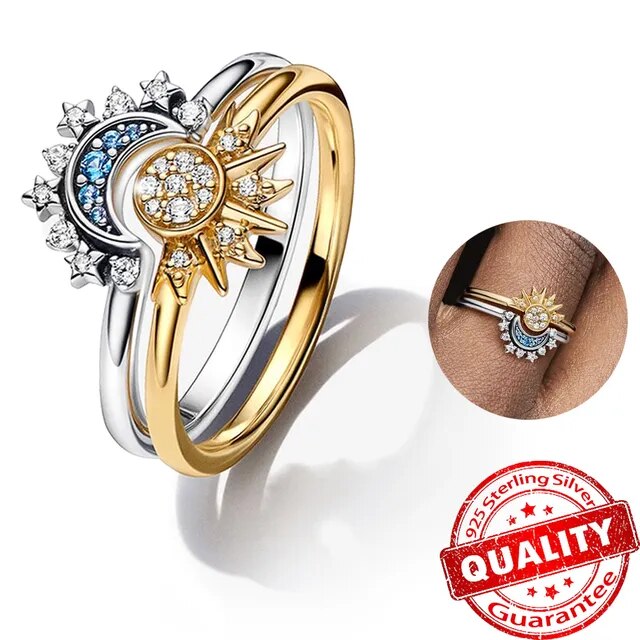Bague Duo Soleil Lune en Cristal - Élégance Cosmique et Artisanat Exquis