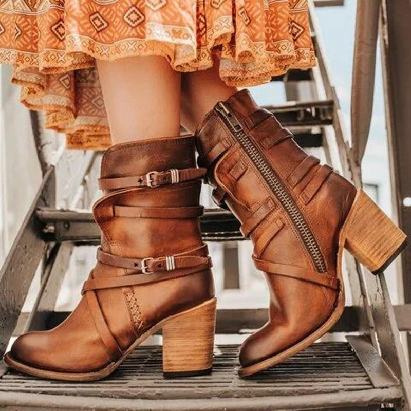 Bottines en Cuir Noir pour Femmes - Élégantes avec Talon Épais et Fini Vieilli