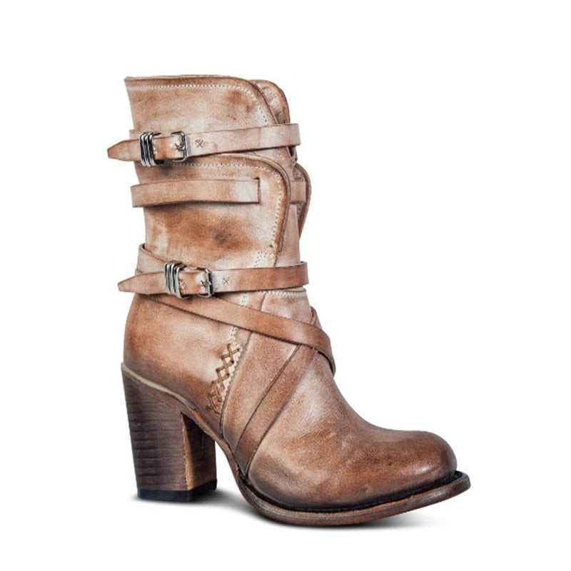 Bottines en Cuir Noir pour Femmes - Élégantes avec Talon Épais et Fini Vieilli