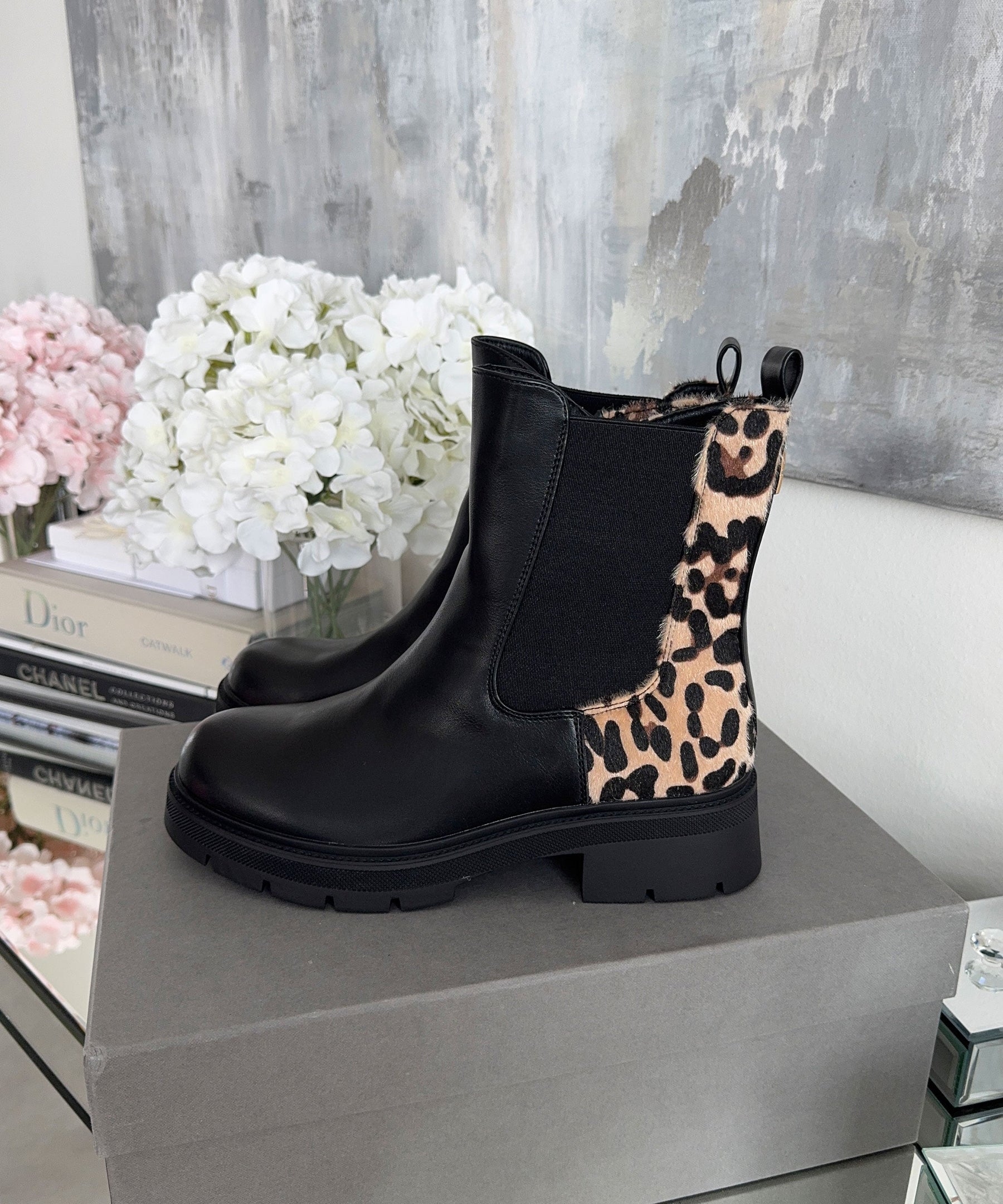 Bottes Noires Imprimé Léopard - Doublure Confortable pour Usage Quotidien