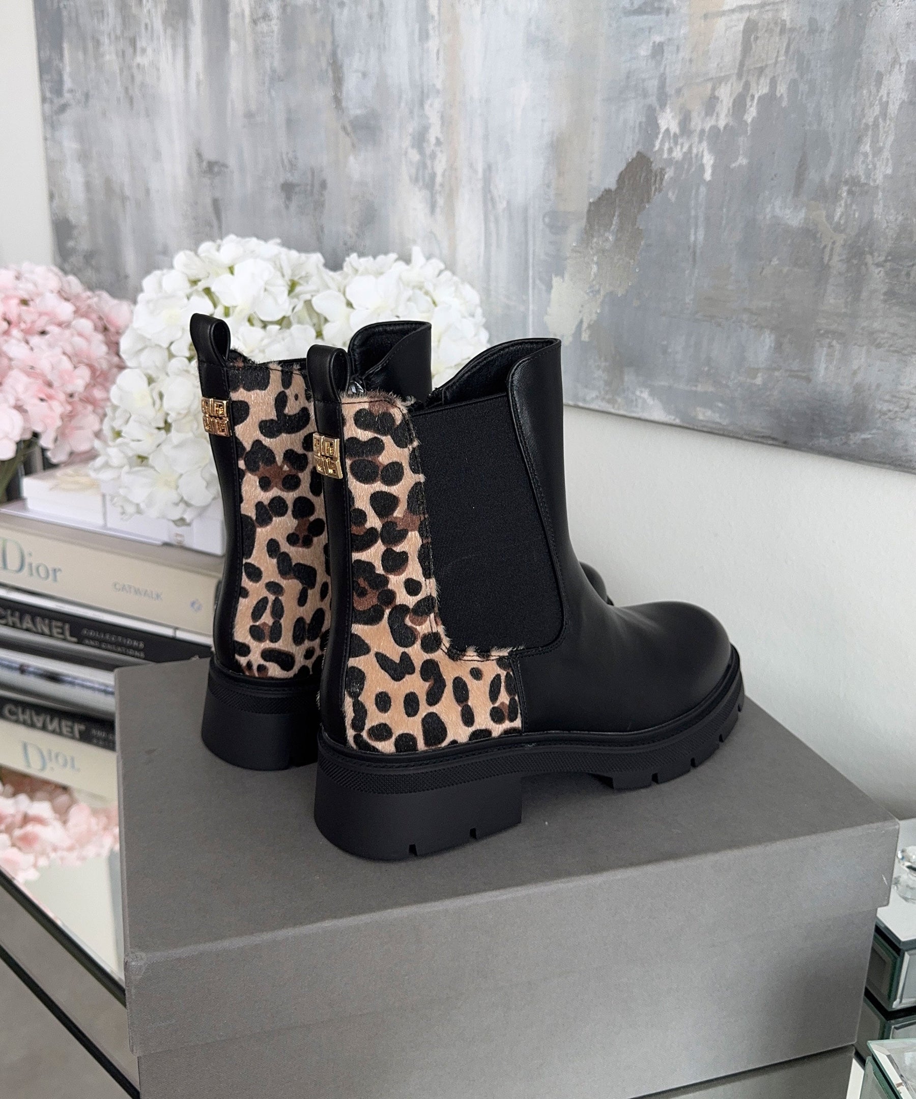 Bottes Noires Imprimé Léopard - Doublure Confortable pour Usage Quotidien