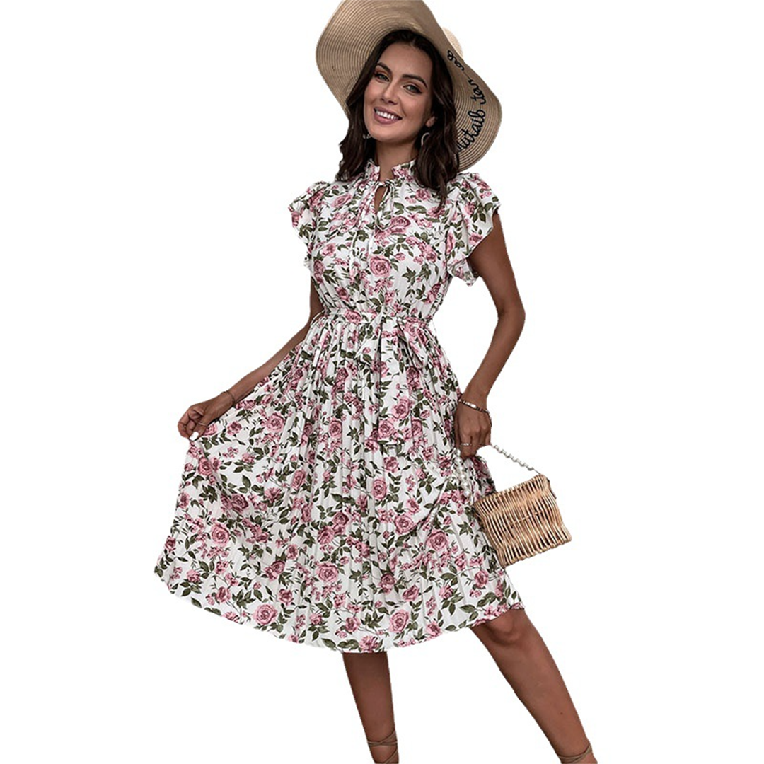 Robe Florale Élégante pour Femmes - Ceinture et Design de Rose d'Été