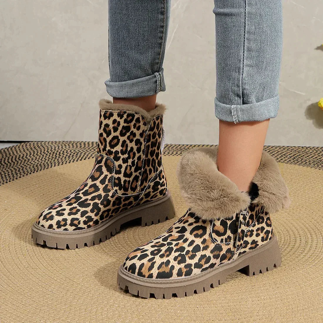 Bottes d'Hiver Imprimé Léopard - Doublure Douce et Semelle Plateforme