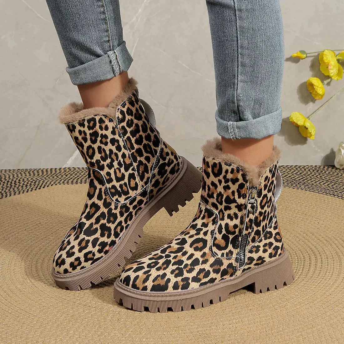 Bottes d'Hiver Imprimé Léopard - Doublure Douce et Semelle Plateforme