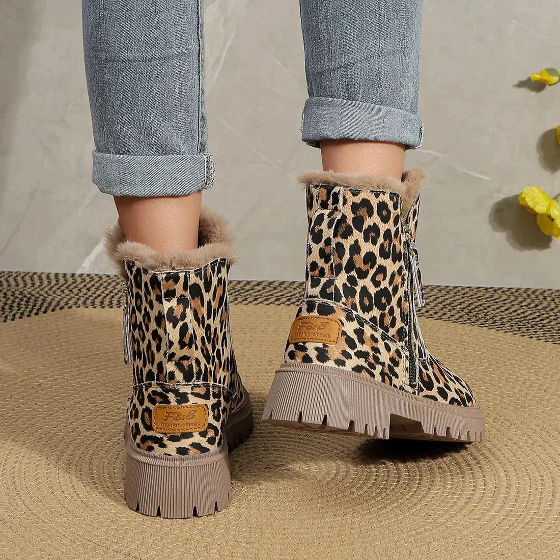 Bottes d'Hiver Imprimé Léopard - Doublure Douce et Semelle Plateforme