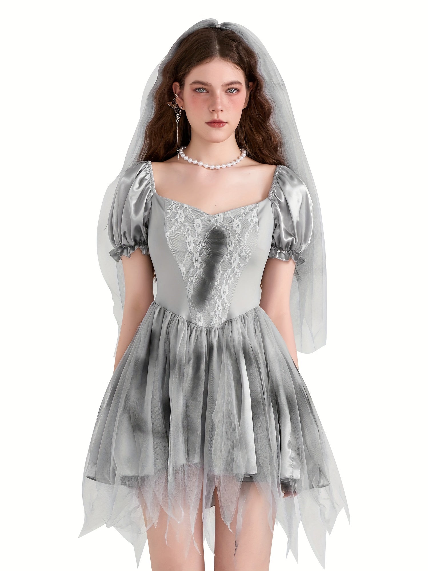 Robe de Mariée Cadavérique Gothique - Mini Robe à Manches Bouffantes et Tulle
