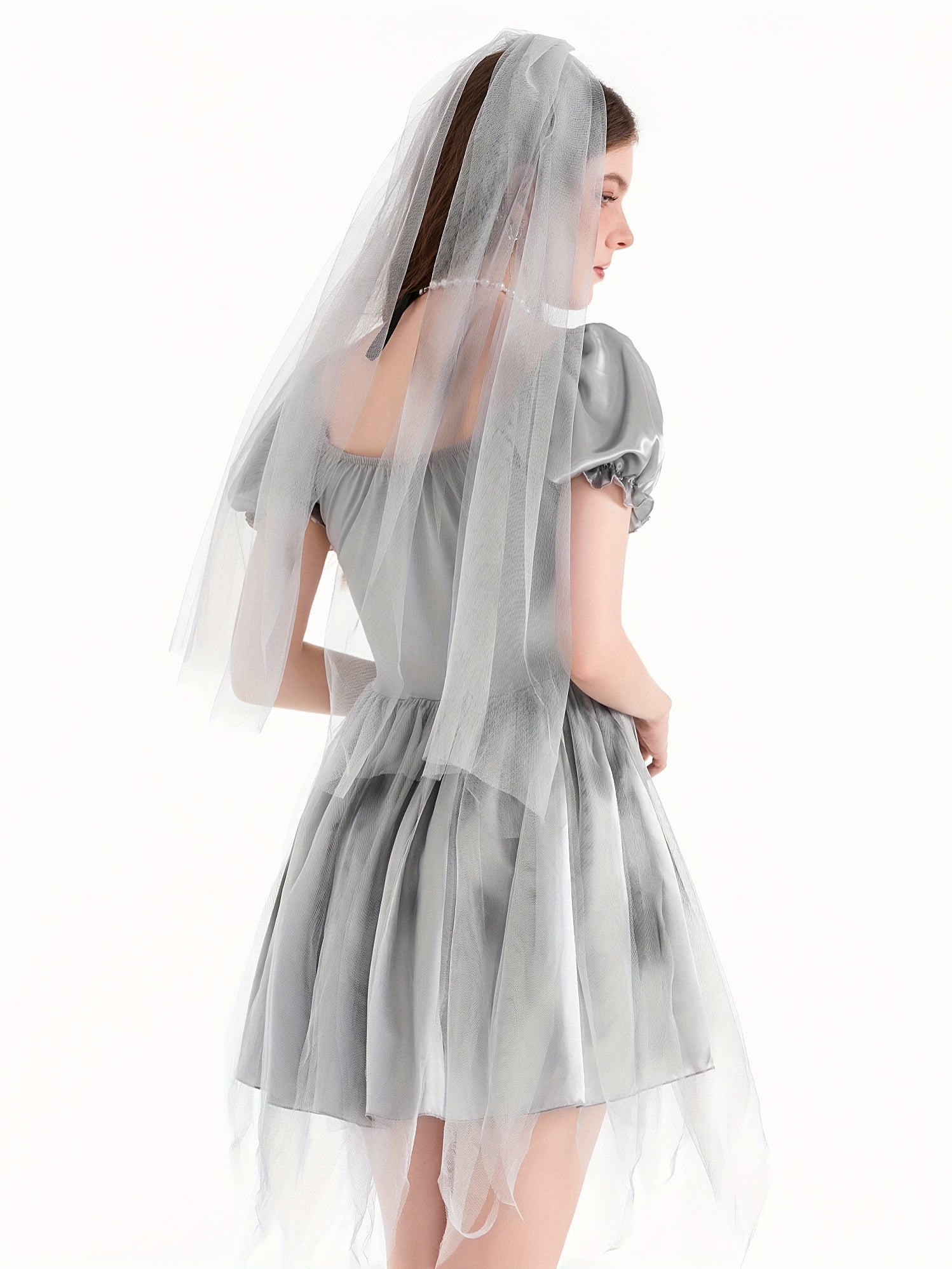 Robe de Mariée Cadavérique Gothique - Mini Robe à Manches Bouffantes et Tulle