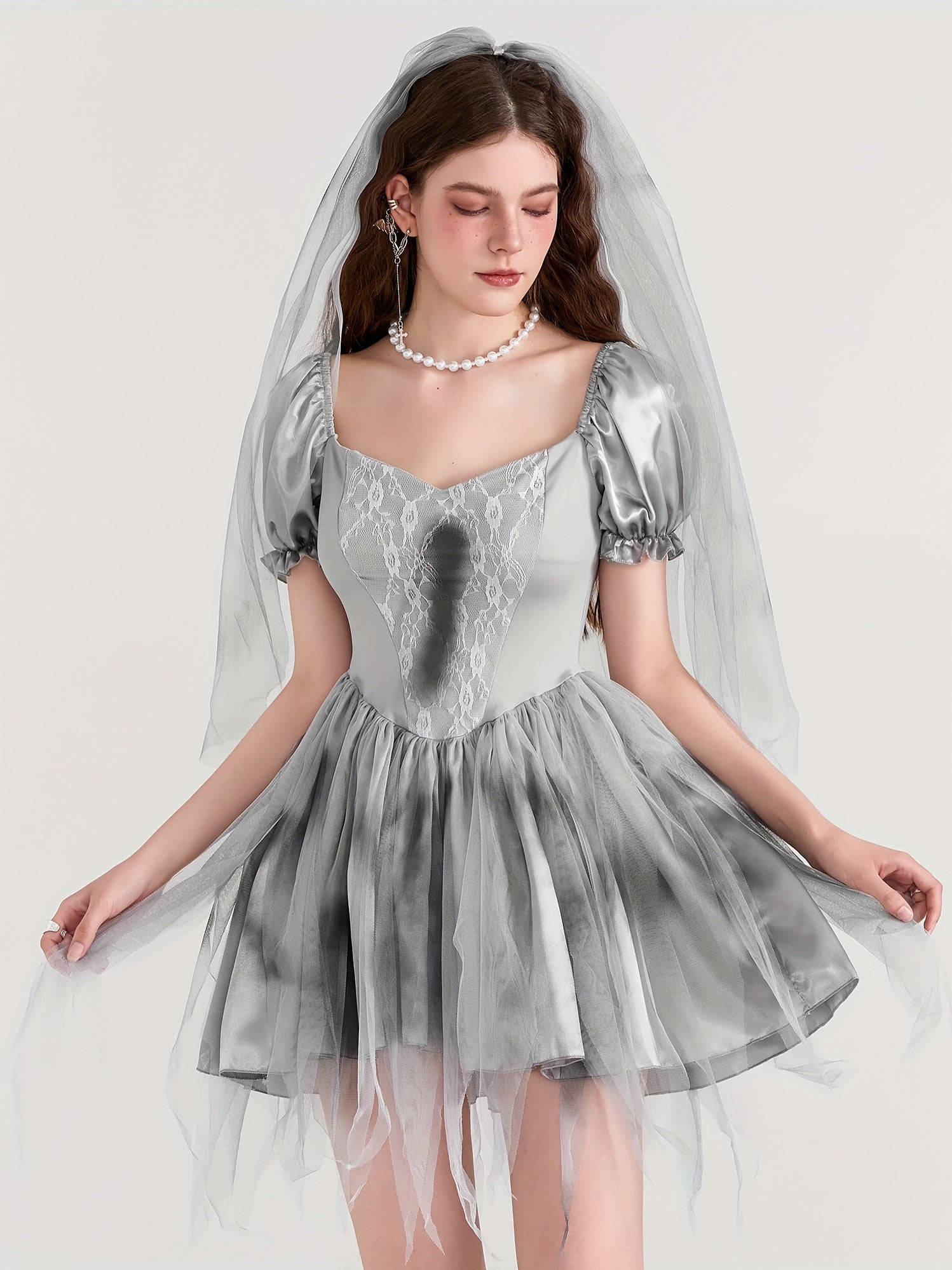 Robe de Mariée Cadavérique Gothique - Mini Robe à Manches Bouffantes et Tulle