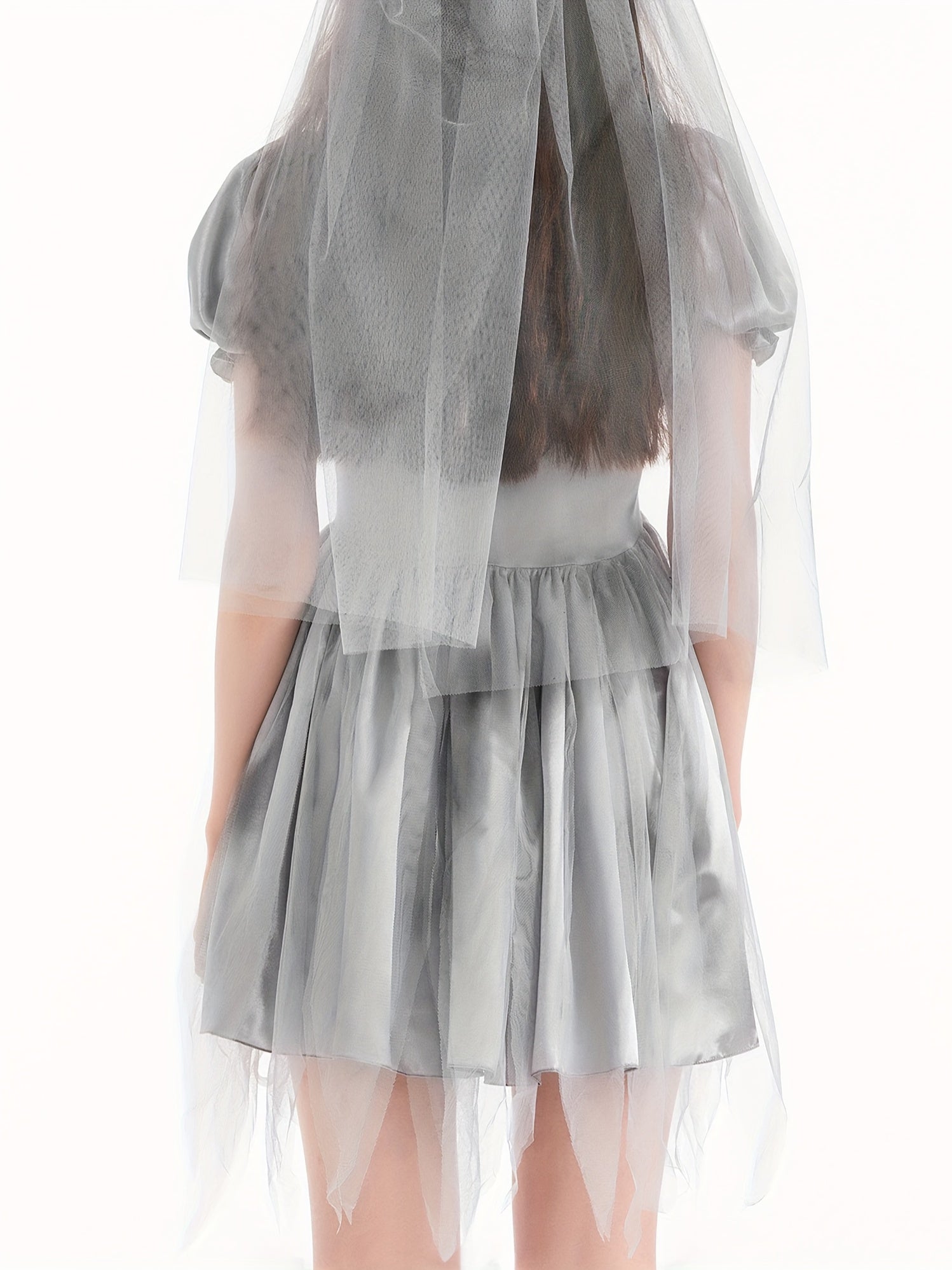 Robe de Mariée Cadavérique Gothique - Mini Robe à Manches Bouffantes et Tulle