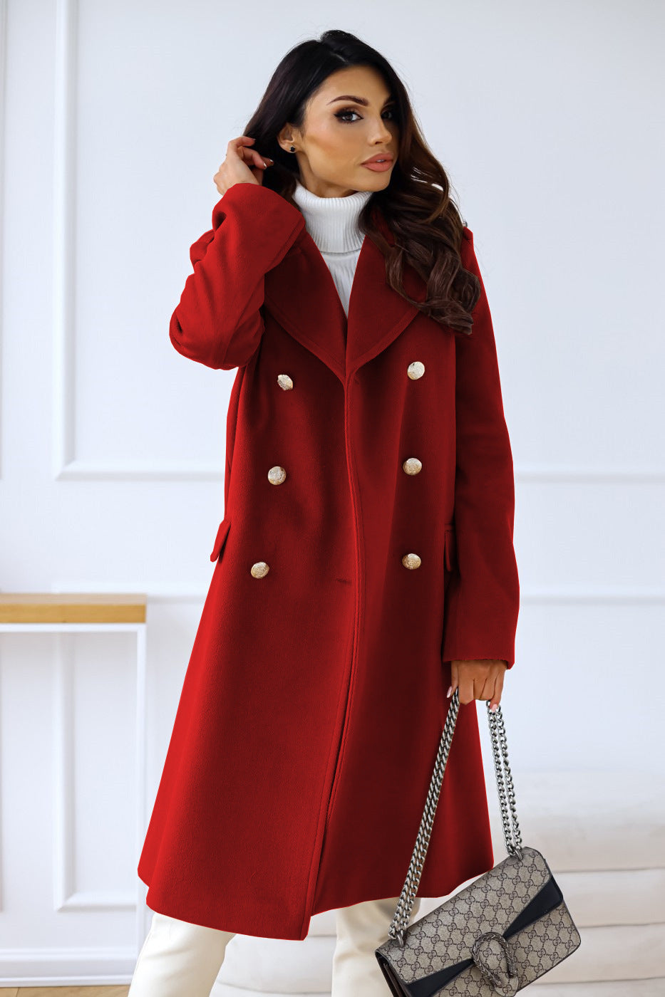 Manteau Long en Laine pour Femmes - Style Élégant avec Revers Large