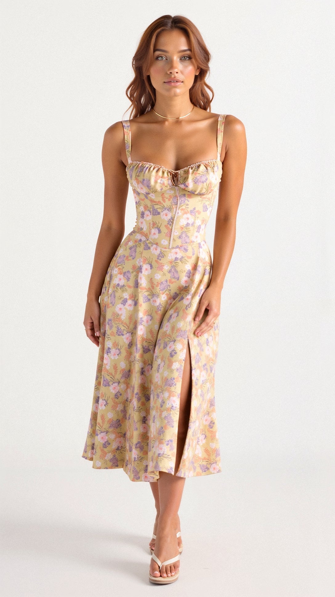 Robe midi fleurie coton femme corsage corset taille accentuée jupe fluide