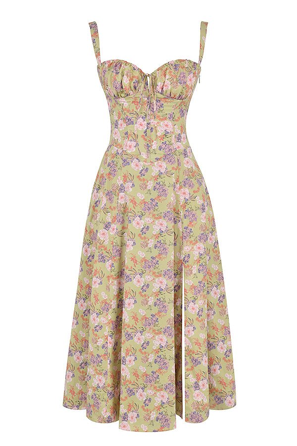 Robe midi fleurie coton femme corsage corset taille accentuée jupe fluide