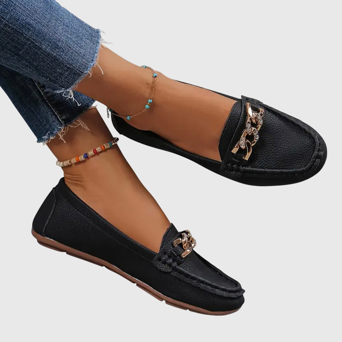 Mocassins cuir premium femme slip-on détail chaîne dorée élégants