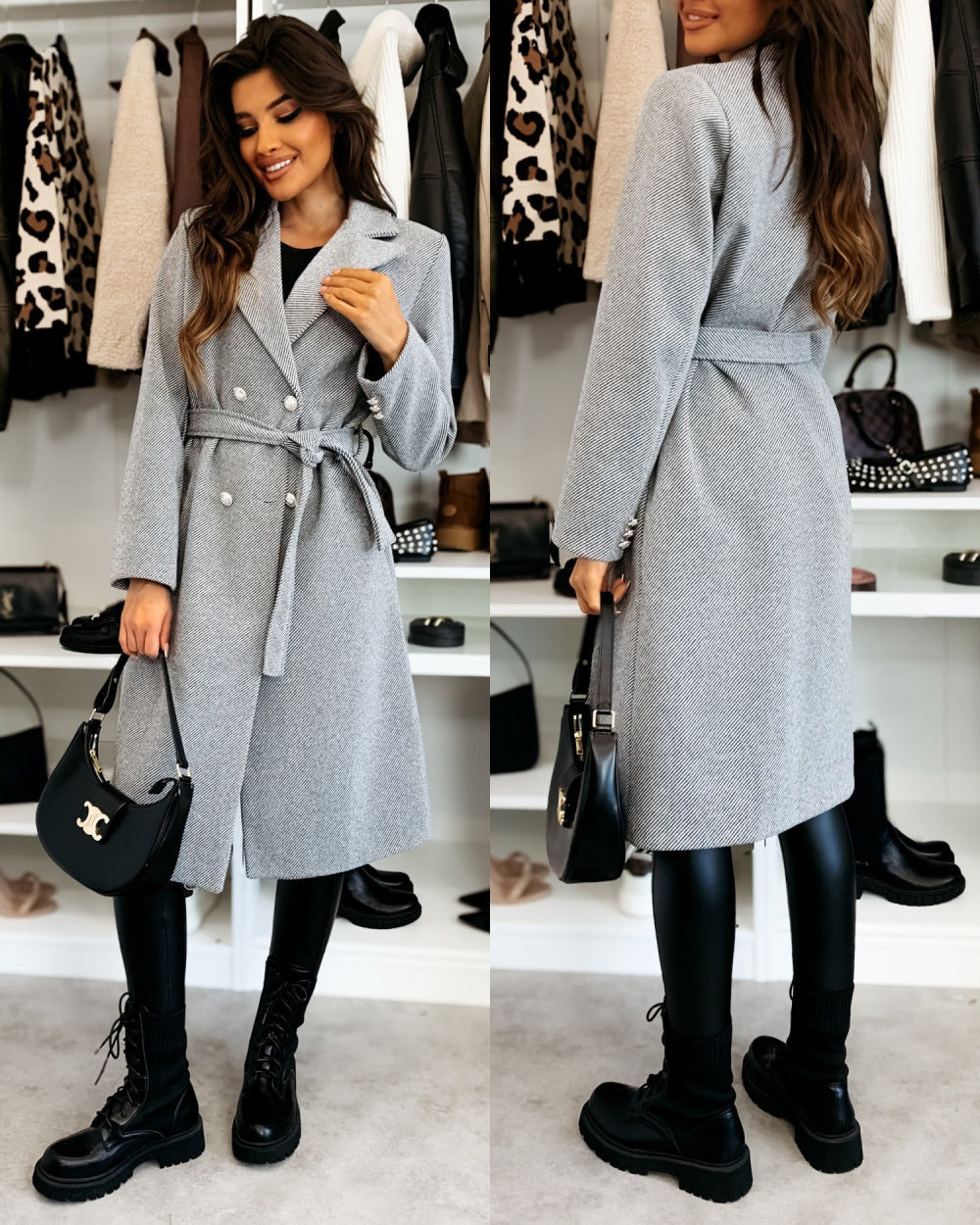 Manteau Long en Laine pour Femmes - Design Croisé et Taille Ceinturée