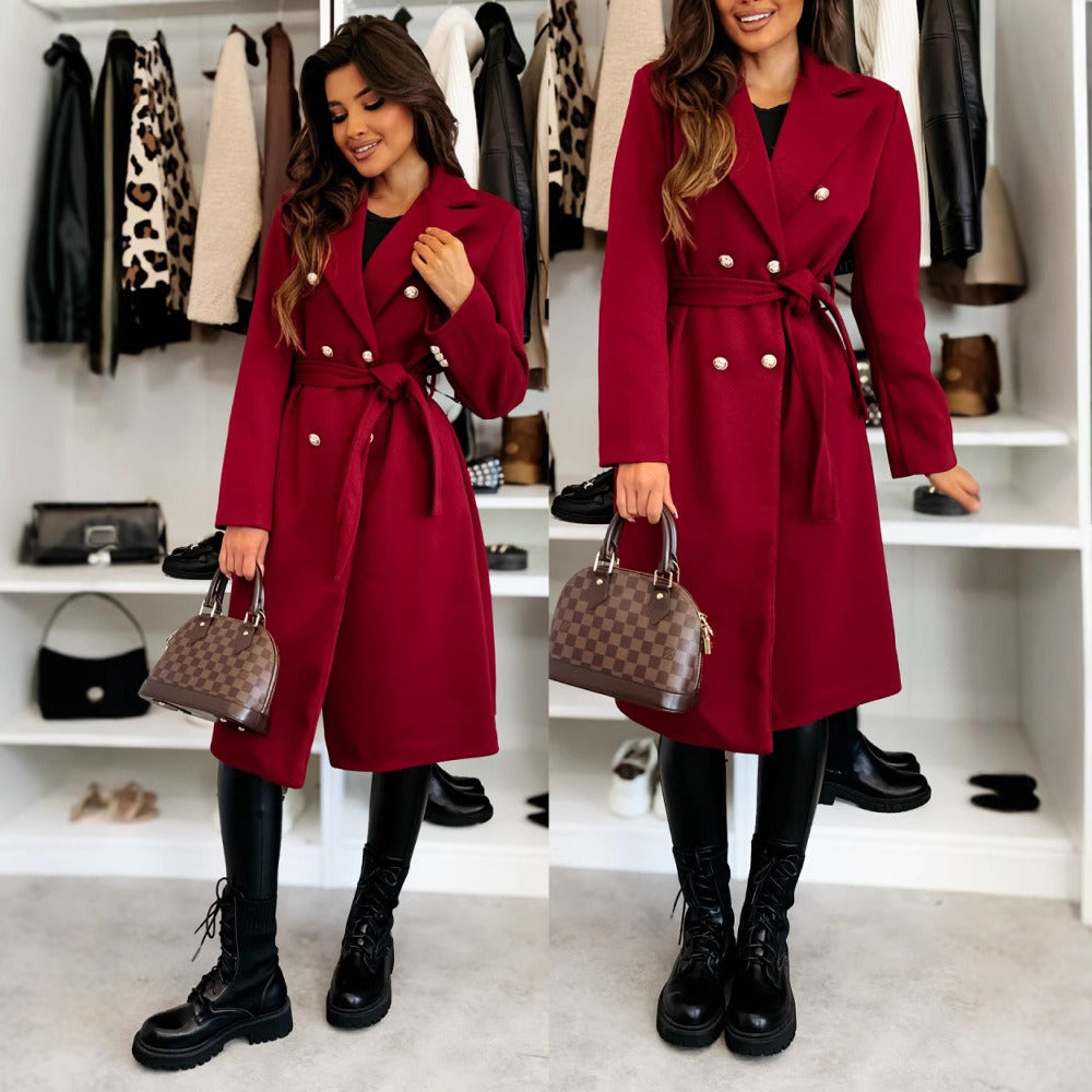 Manteau Long en Laine pour Femmes - Design Croisé et Taille Ceinturée