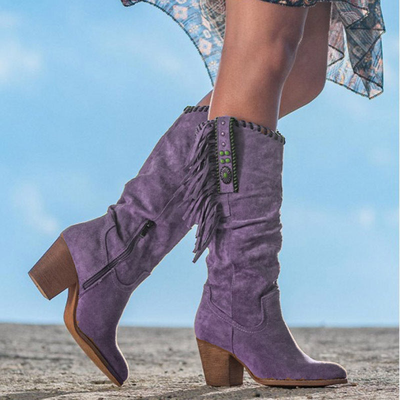 Bottes Montantes en Suédine - Détails Frangés et Élégance Moderne
