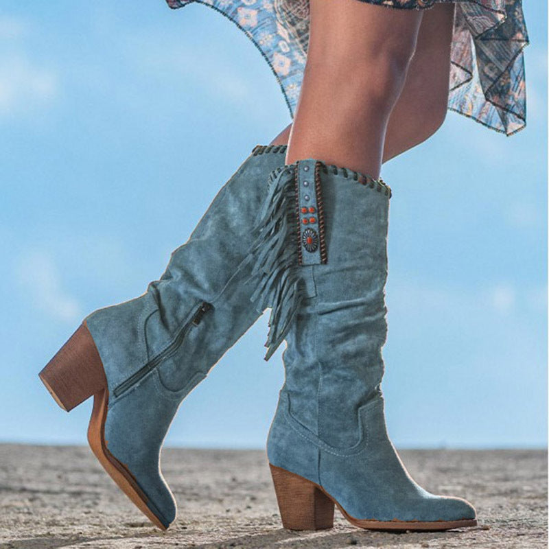 Bottes Montantes en Suédine - Détails Frangés et Élégance Moderne