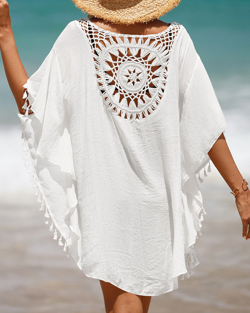 Paréo de plage bohème en crochet léger femme avec détails à pompons