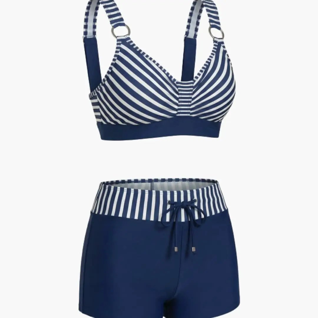 Maillot de bain deux pièces nylon rayé short de bain col rond