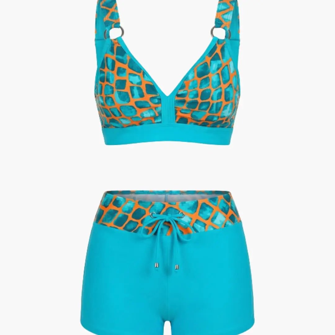 Maillot de bain deux pièces nylon rayé short de bain col rond