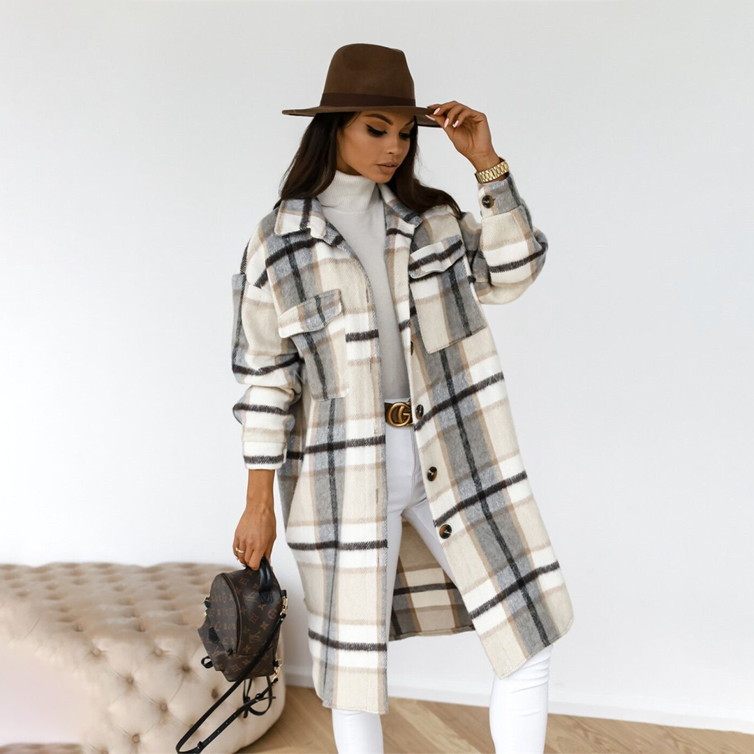 Manteau Oversize à Carreaux pour Femmes - Manteau d'Hiver Chaud avec Poches Pratiques