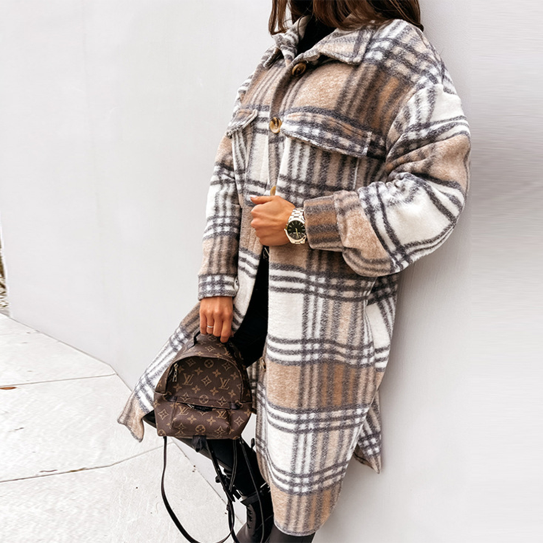 Manteau Oversize à Carreaux pour Femmes - Manteau d'Hiver Chaud avec Poches Pratiques