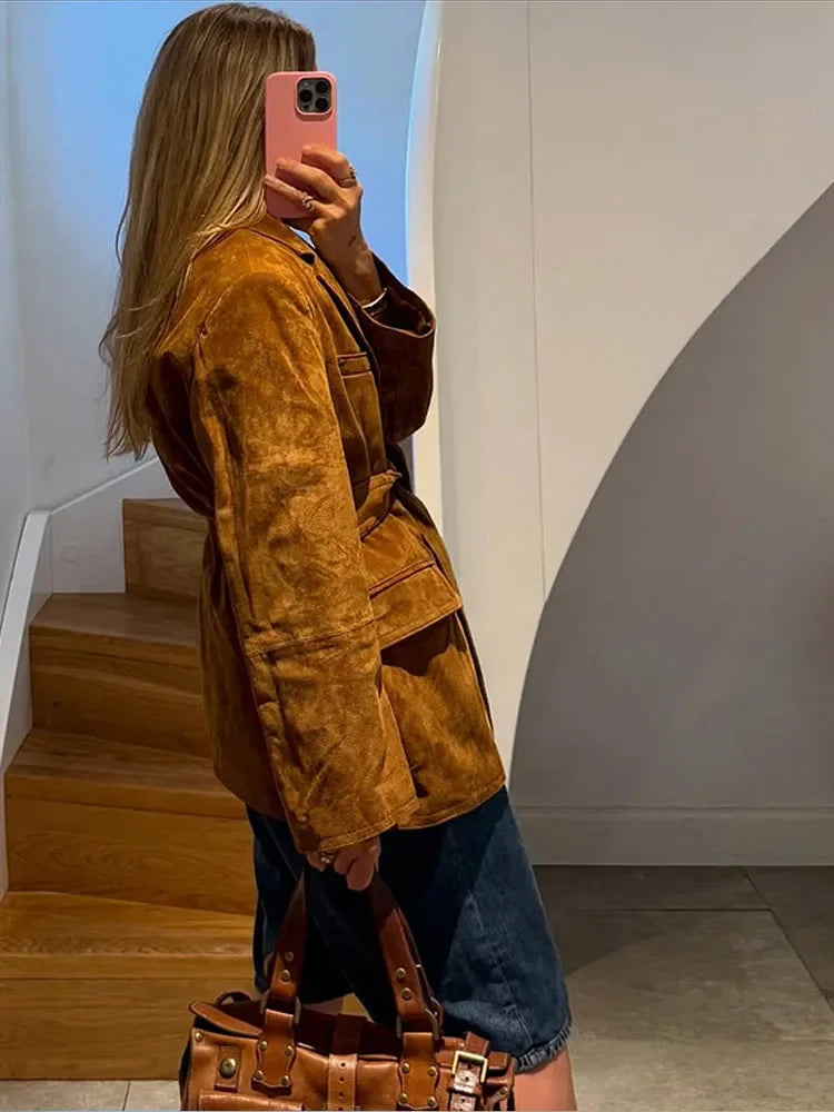 Manteau en Suède pour Femme - Chic avec Ceinture et Poches Fonctionnelles