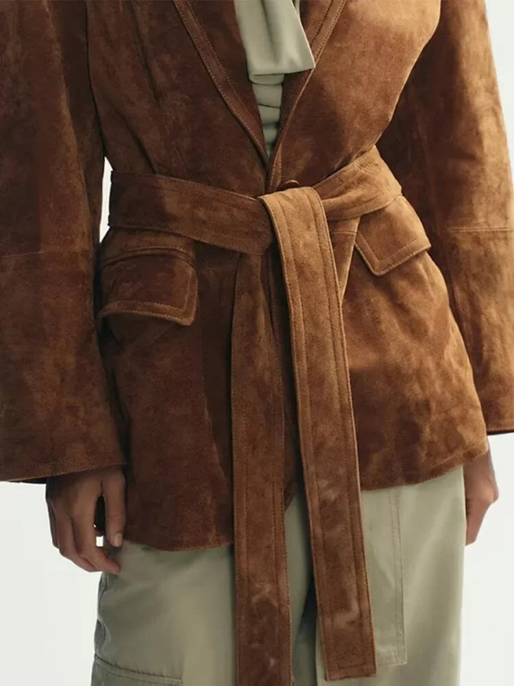 Manteau en Suède pour Femme - Chic avec Ceinture et Poches Fonctionnelles