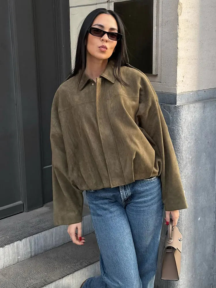 Veste Bomber en Suède pour Femmes - Style Vintage et Confort Ample