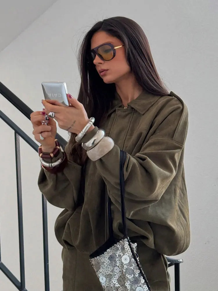 Veste Bomber en Suède pour Femmes - Style Vintage et Confort Ample