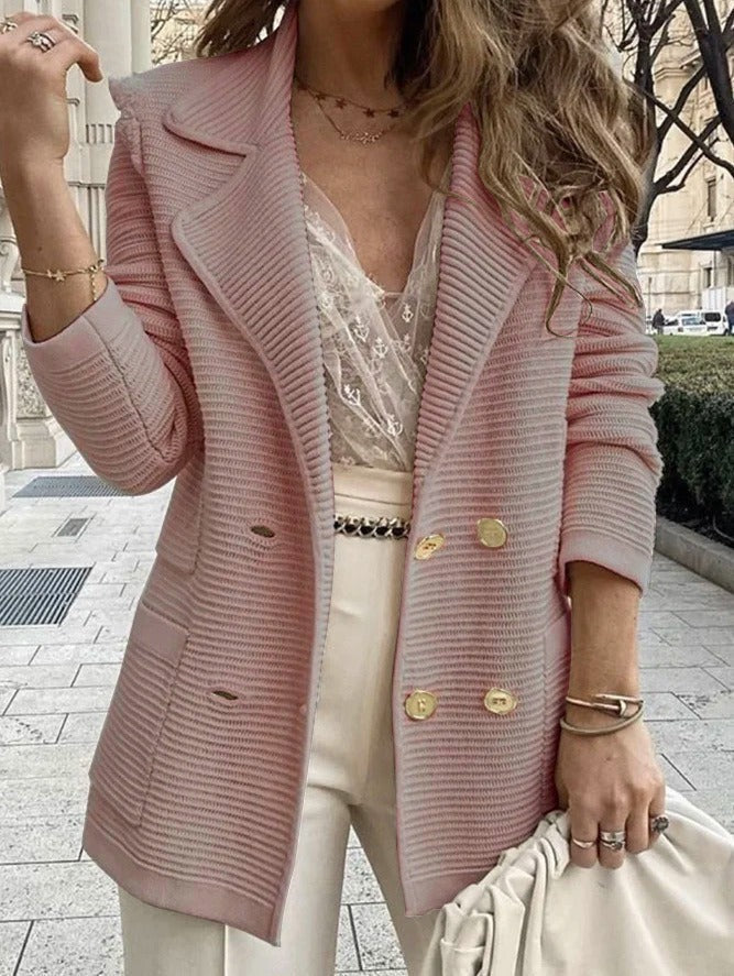 Veste Femme Élégante à Double Boutonnage - Texture Côtelée et Col Revers Sophistiqué
