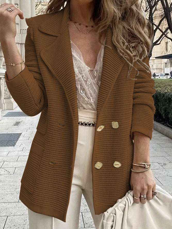Veste Femme Élégante à Double Boutonnage - Texture Côtelée et Col Revers Sophistiqué