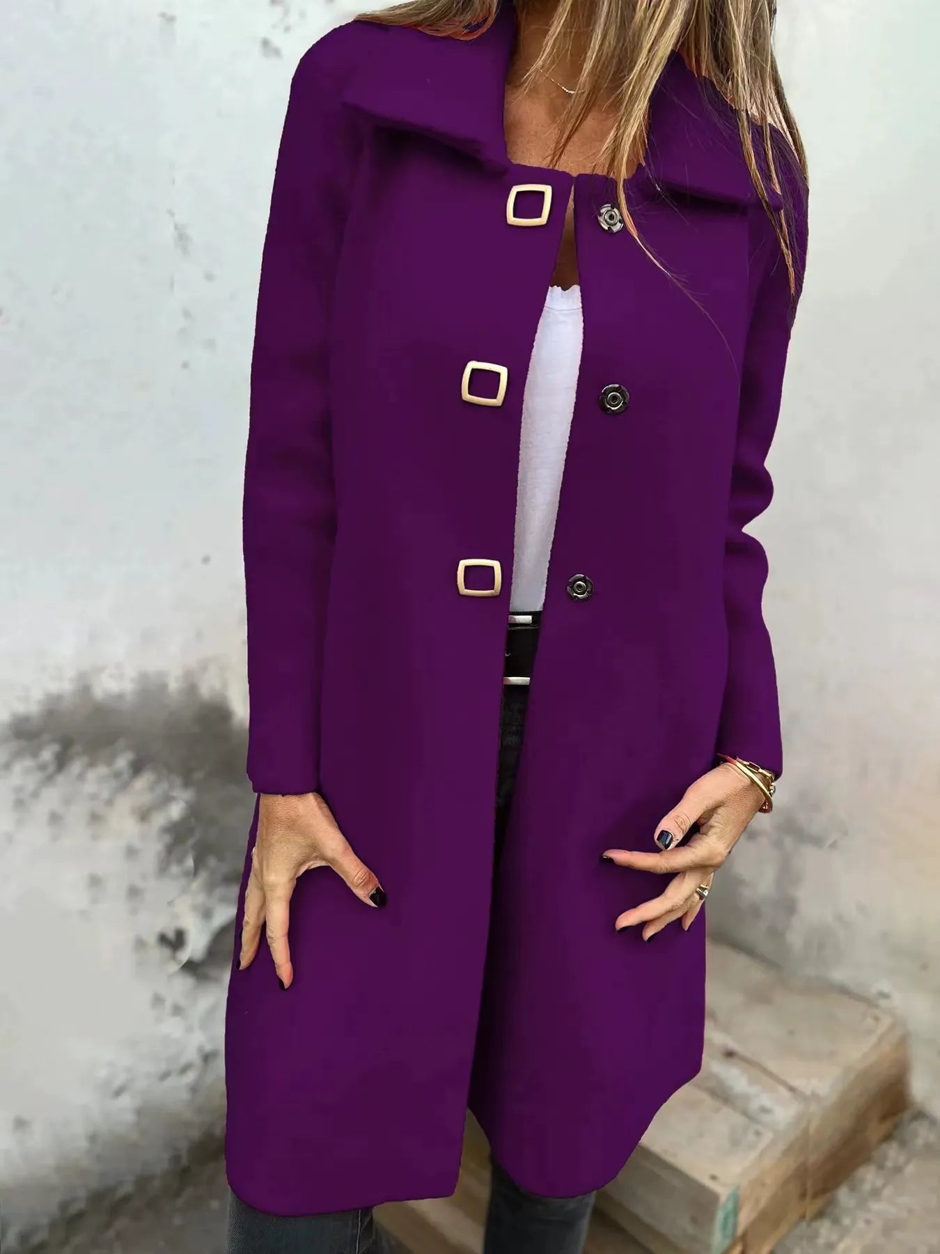 Manteau en Laine Femme - Mi-Long à Boutonnage Simple et Revers Large