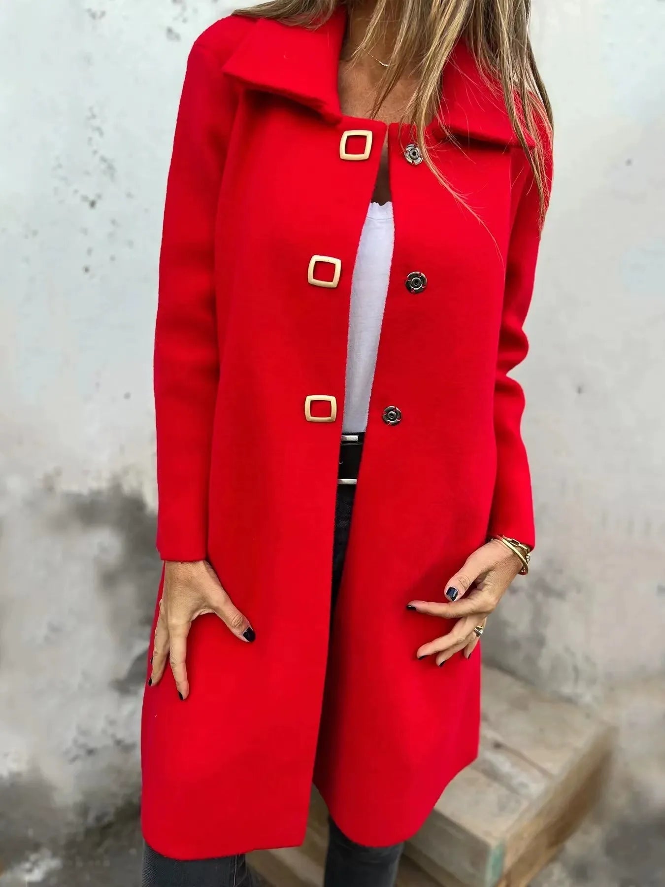 Manteau en Laine Femme - Mi-Long à Boutonnage Simple et Revers Large