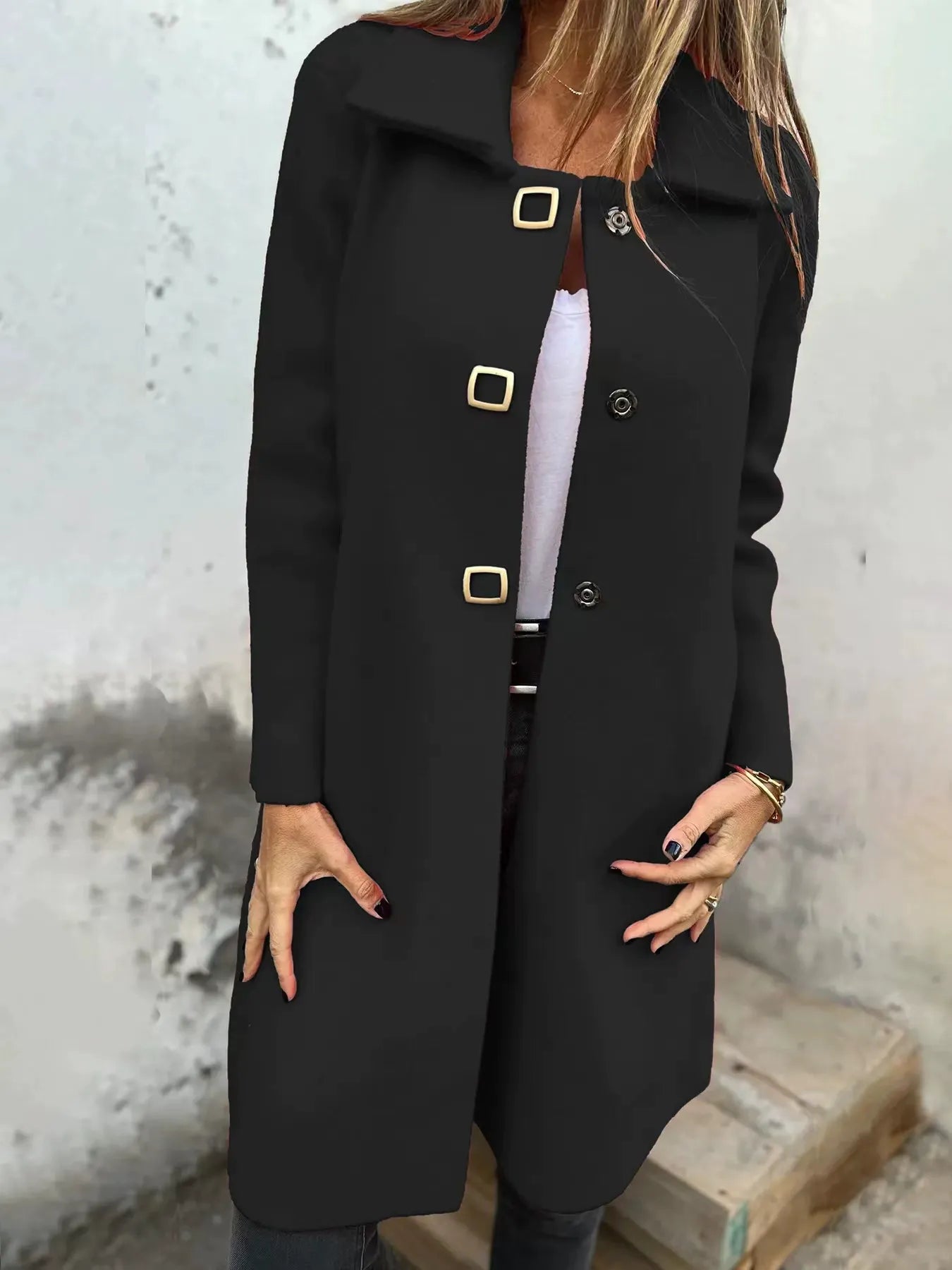 Manteau en Laine Femme - Mi-Long à Boutonnage Simple et Revers Large