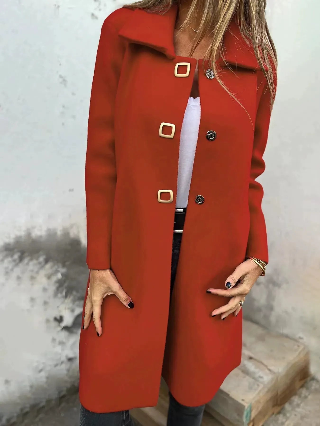 Manteau en Laine Femme - Mi-Long à Boutonnage Simple et Revers Large