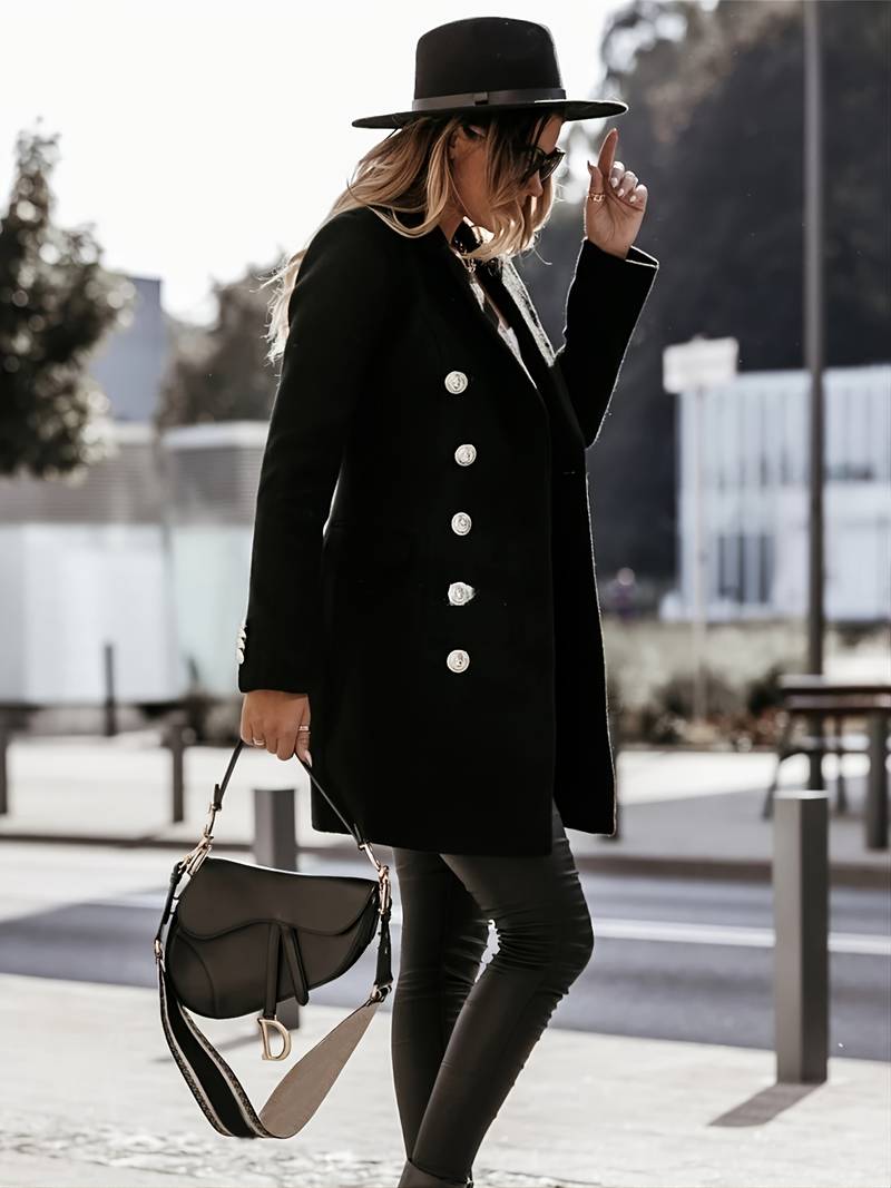 Manteau en Laine pour Femmes - Élégance avec Double Boutonnage et Boutons Dorés