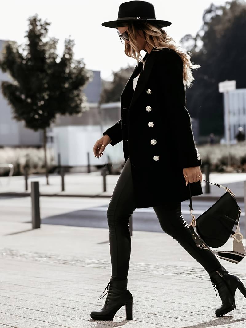 Manteau en Laine pour Femmes - Élégance avec Double Boutonnage et Boutons Dorés