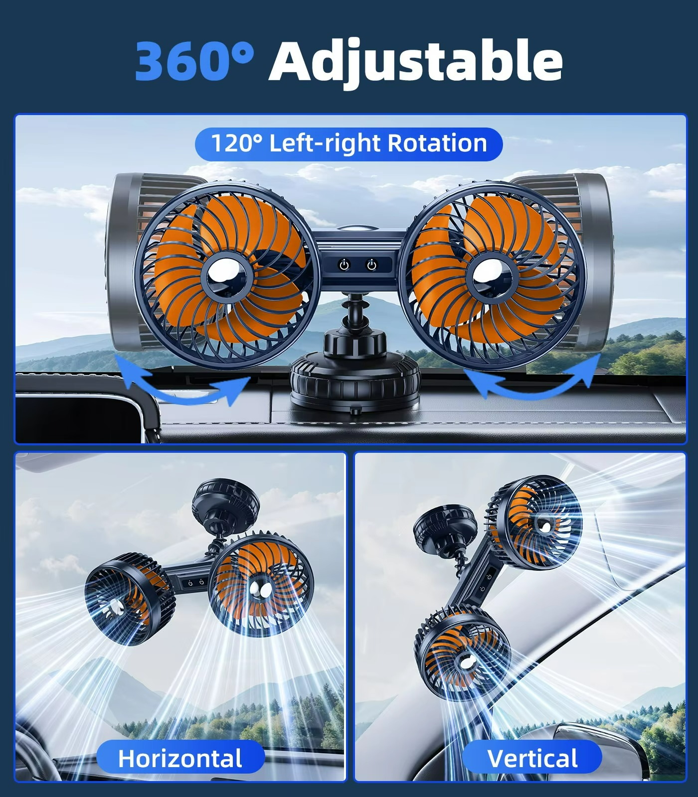 Ventilateur de Voiture à Double Tête - Brise Fraîche et Fixation Solide