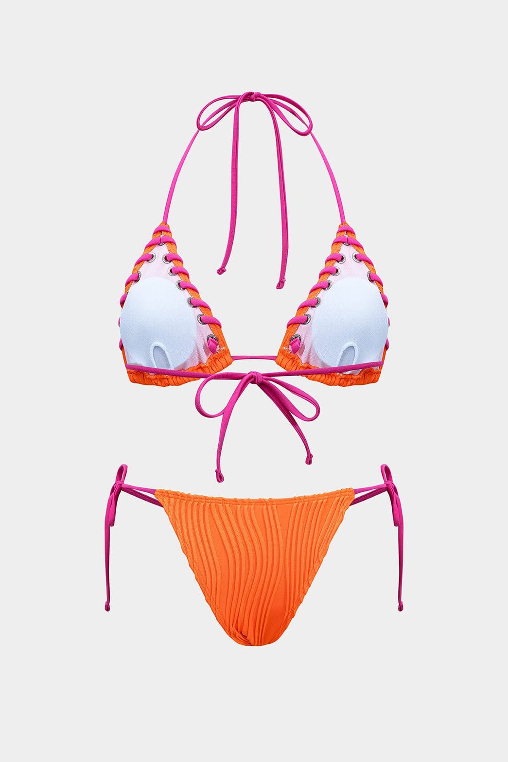 Bikini orange à lacets roses vue de dos vague