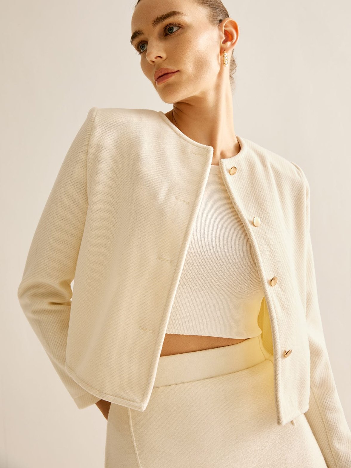 Blazer tweed élégant col rond vue face élégance