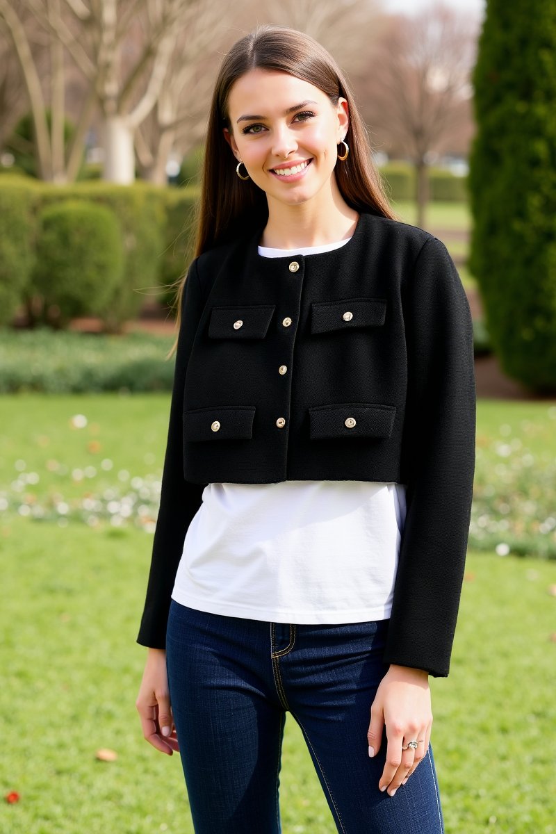 Blazer tweed noir élégant soleil