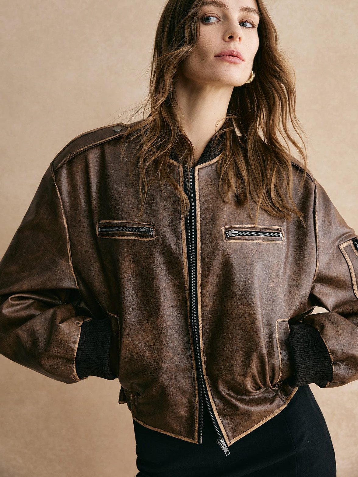 Veste bomber marron en simili cuir lumière