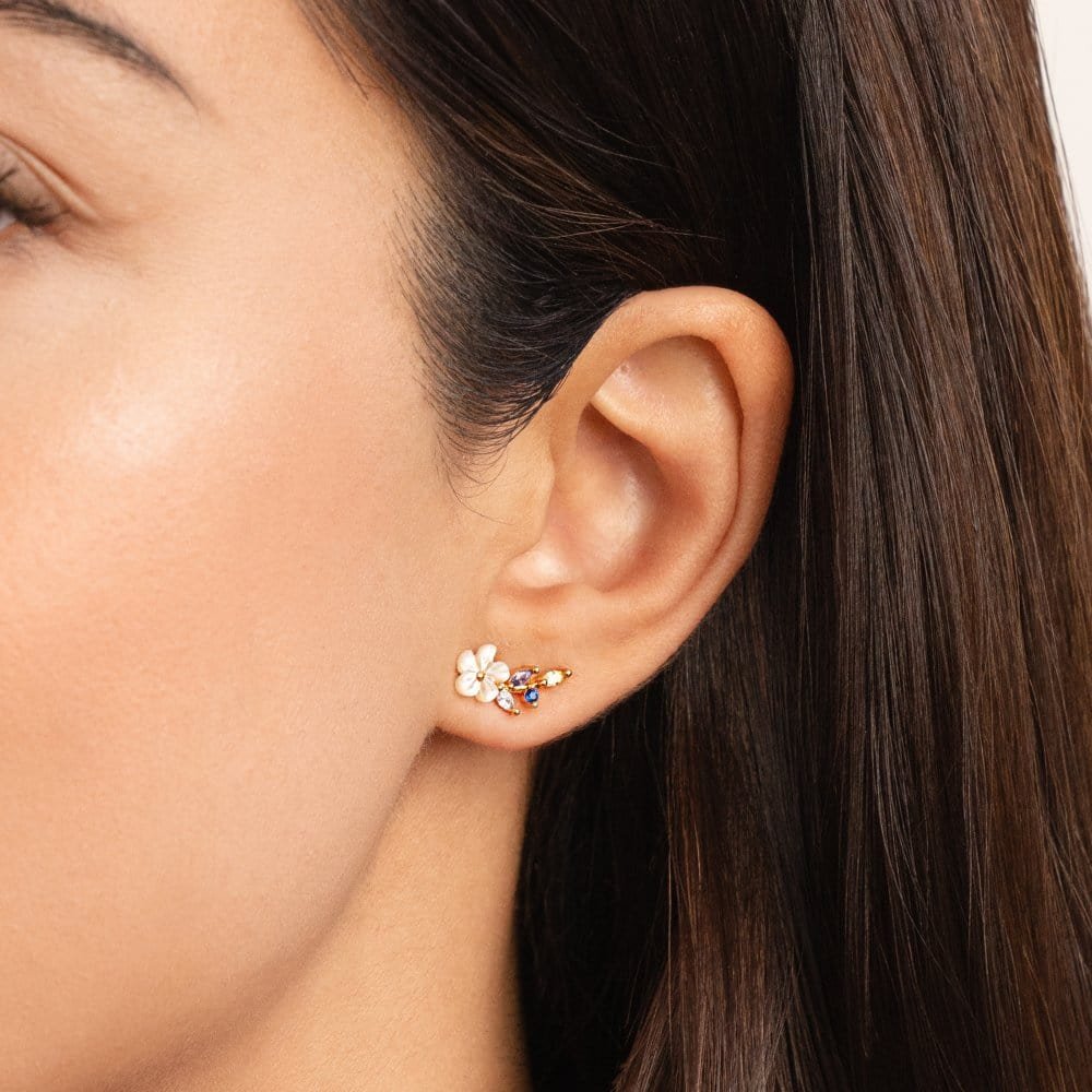 Boucles d'oreilles fleur cristal blanc vue détail rosée