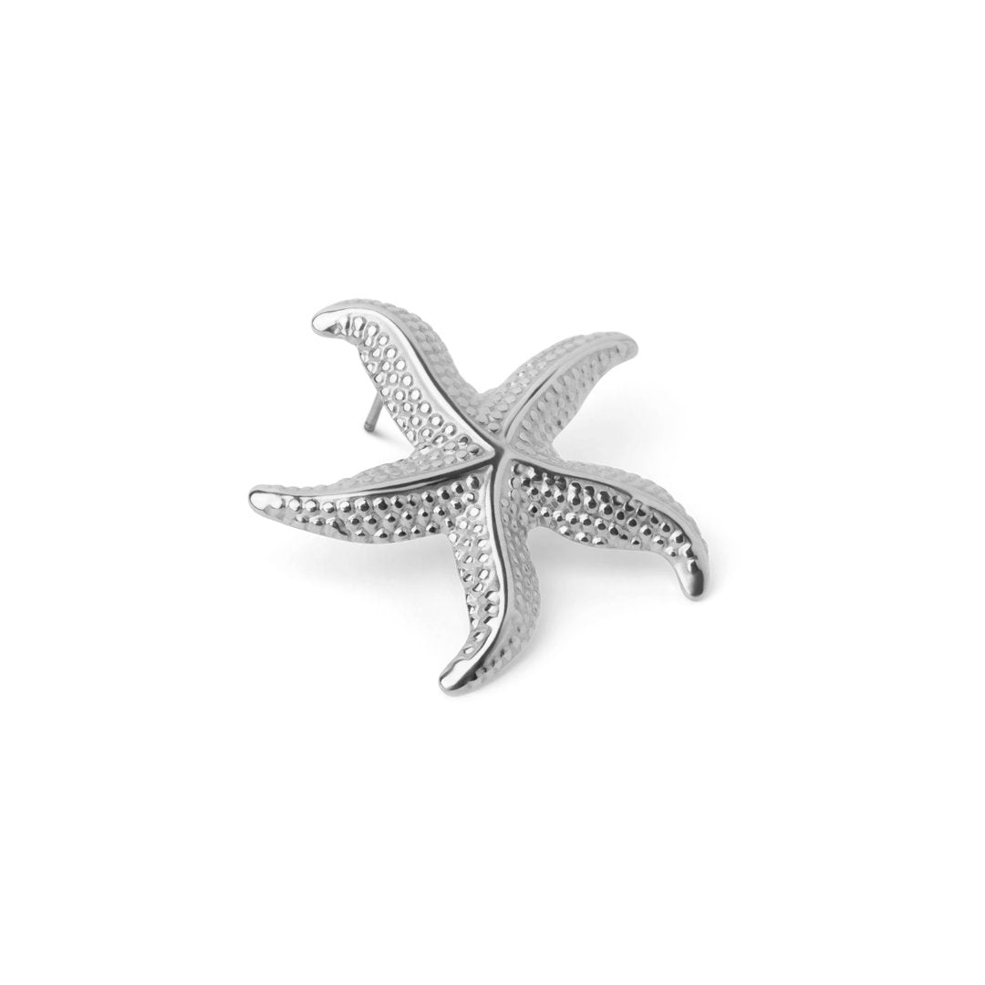Gros plan boucles d'oreilles étoile de mer argentées sable