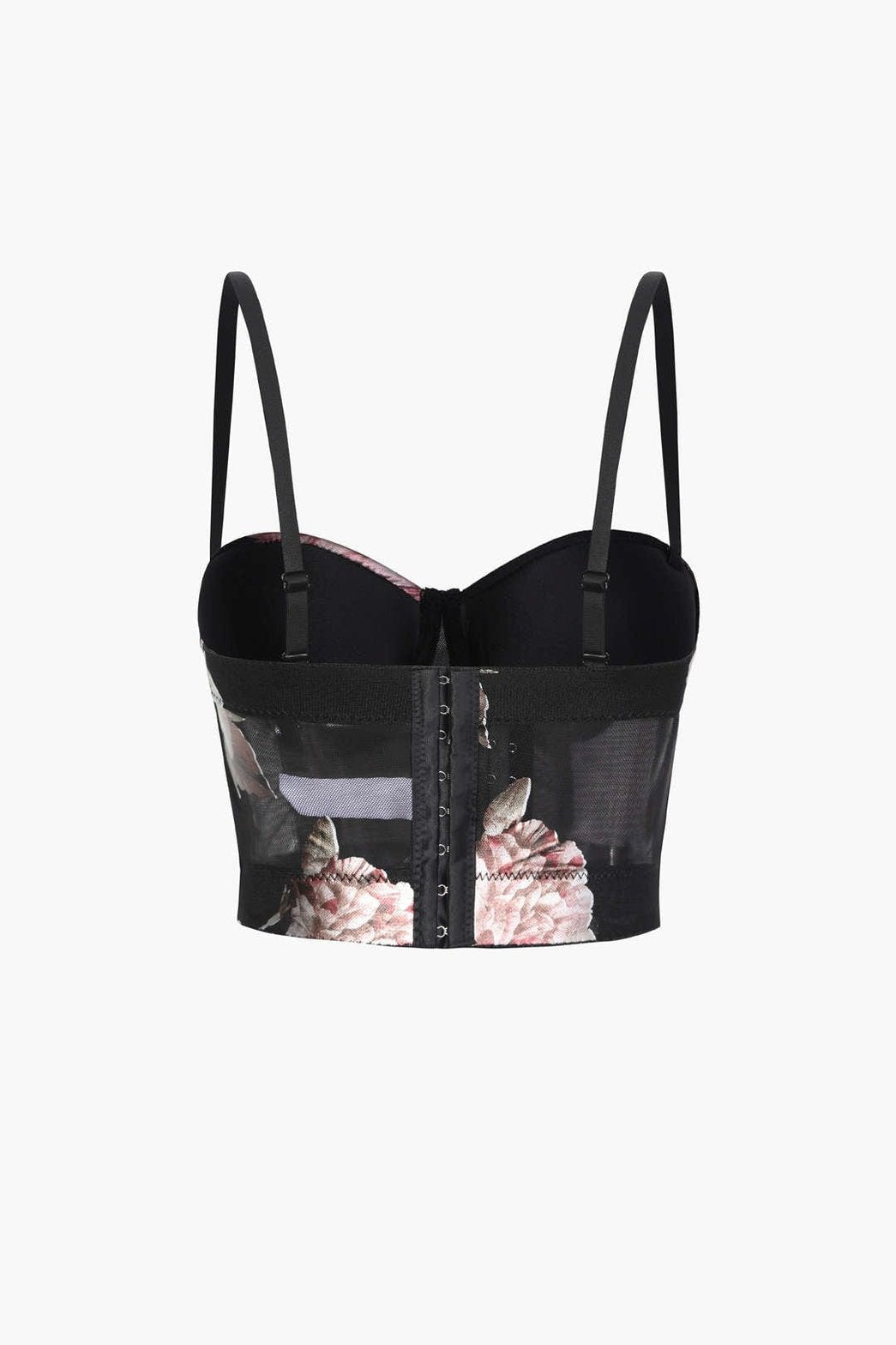 Bustier noir motif floral vue trois-quarts grâce