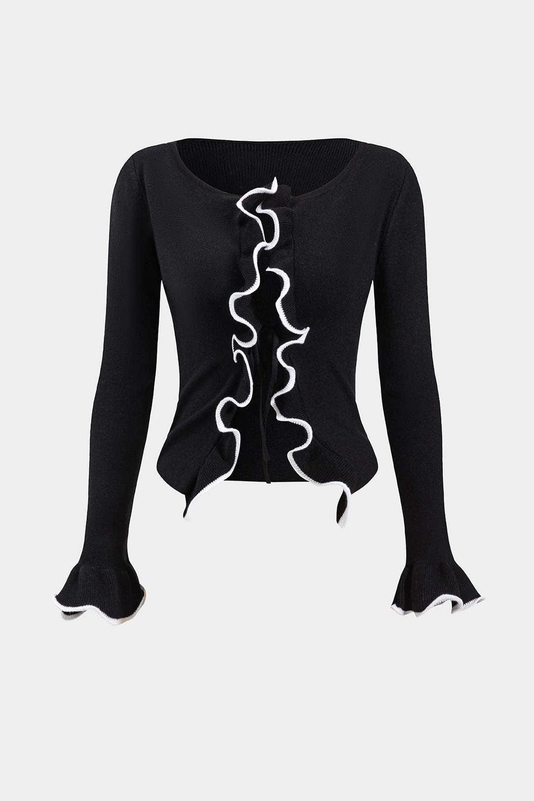 Cardigan noir à volants festonnés blanc soleil